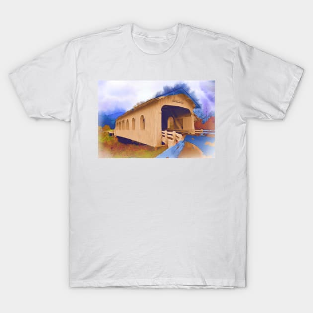 Grave Creek Covered Bridge In Watercolor T-Shirt by KirtTisdale